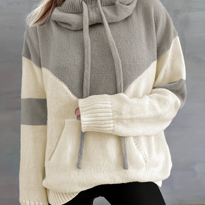 Vibrant Color Block Drawstring Hooded Sweater - Cozy Casual Long Sleeve Kangaroo Pocket Pullover with Soft Fabric, Relaxed Fit, and Versatile Style - Women's Comfortable Clothing for Daily Wear