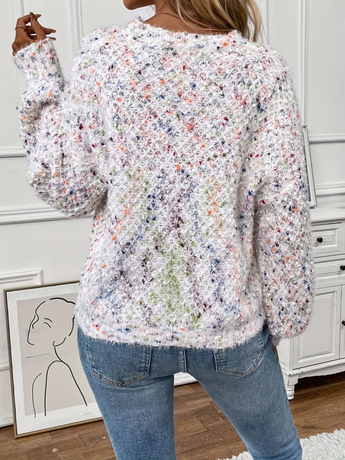 Polka Dot Crew Neck Pullover Sweater - Soft, Medium Stretch, Loose Fit, Long Sleeve, Elegant Style for Women - Perfect for Fall and Winter Casual Wear