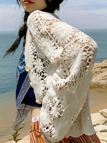 Floral Pattern Button Down Crochet Cardigan, Boho Cut Out Long Sleeve Top For Spring & Summer, Women's Clothing