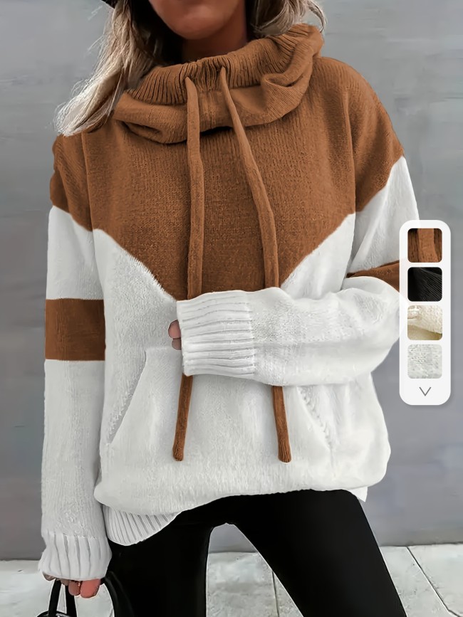 Vibrant Color Block Drawstring Hooded Sweater - Cozy Casual Long Sleeve Kangaroo Pocket Pullover with Soft Fabric, Relaxed Fit, and Versatile Style - Women's Comfortable Clothing for Daily Wear