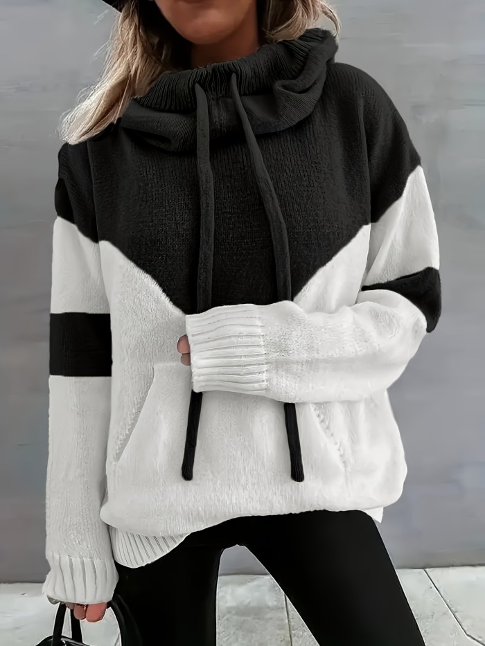 Vibrant Color Block Drawstring Hooded Sweater - Cozy Casual Long Sleeve Kangaroo Pocket Pullover with Soft Fabric, Relaxed Fit, and Versatile Style - Women's Comfortable Clothing for Daily Wear