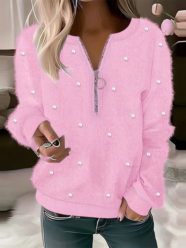 Cozy Fall\u002FWinter Beaded Zip Sweater - Chic, Durable & Comfortably Stretchy, Perfect for Everyday Elegance