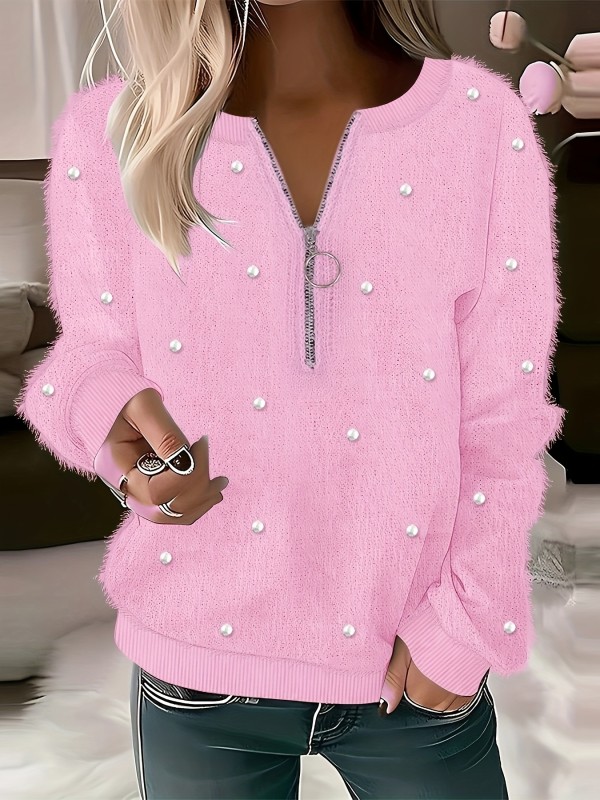 Cozy Fall\u002FWinter Beaded Zip Sweater - Chic, Durable & Comfortably Stretchy, Perfect for Everyday Elegance