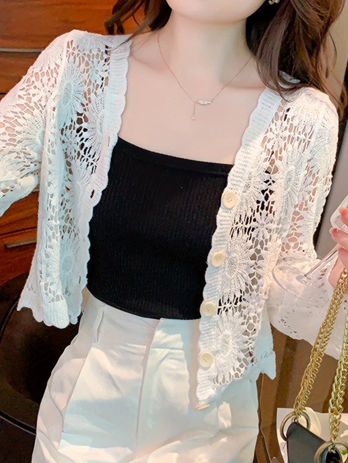 Floral Pattern Button Down Crochet Cardigan, Boho Cut Out Long Sleeve Top For Spring & Summer, Women's Clothing