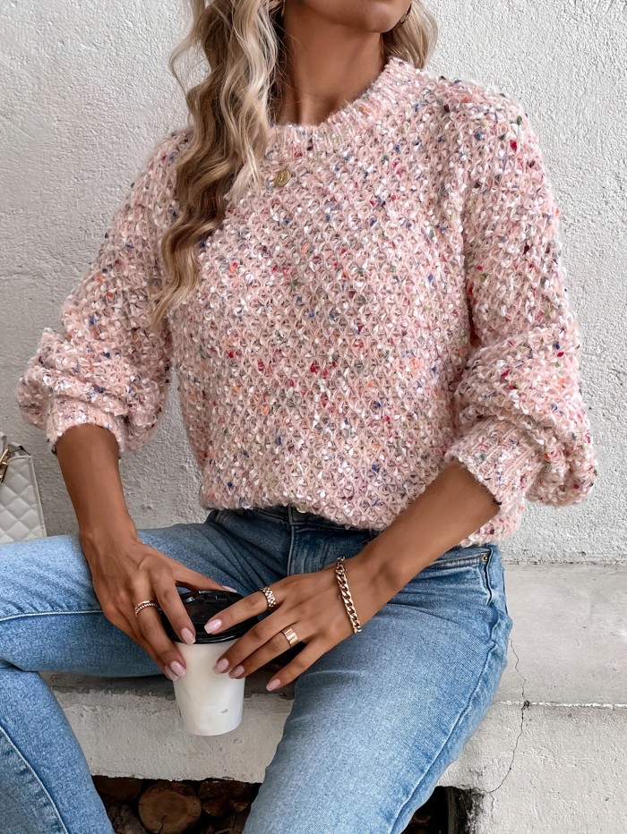Polka Dot Crew Neck Pullover Sweater - Soft, Medium Stretch, Loose Fit, Long Sleeve, Elegant Style for Women - Perfect for Fall and Winter Casual Wear