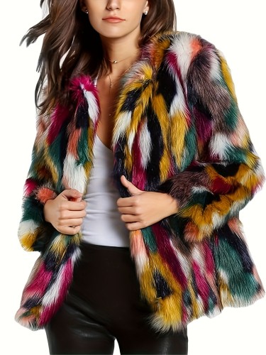 Fur Coats For Women Fuzzy Faux Multicolor Fur Coat Jacket Long Sleeve Open Front Luxury Colorful Furry