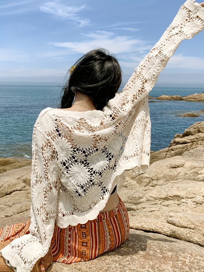 Floral Pattern Button Down Crochet Cardigan, Boho Cut Out Long Sleeve Top For Spring & Summer, Women's Clothing