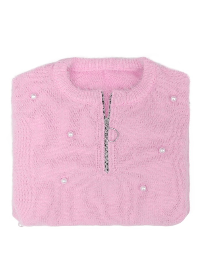 Cozy Fall\u002FWinter Beaded Zip Sweater - Chic, Durable & Comfortably Stretchy, Perfect for Everyday Elegance