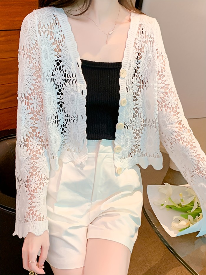 Floral Pattern Button Down Crochet Cardigan, Boho Cut Out Long Sleeve Top For Spring & Summer, Women's Clothing