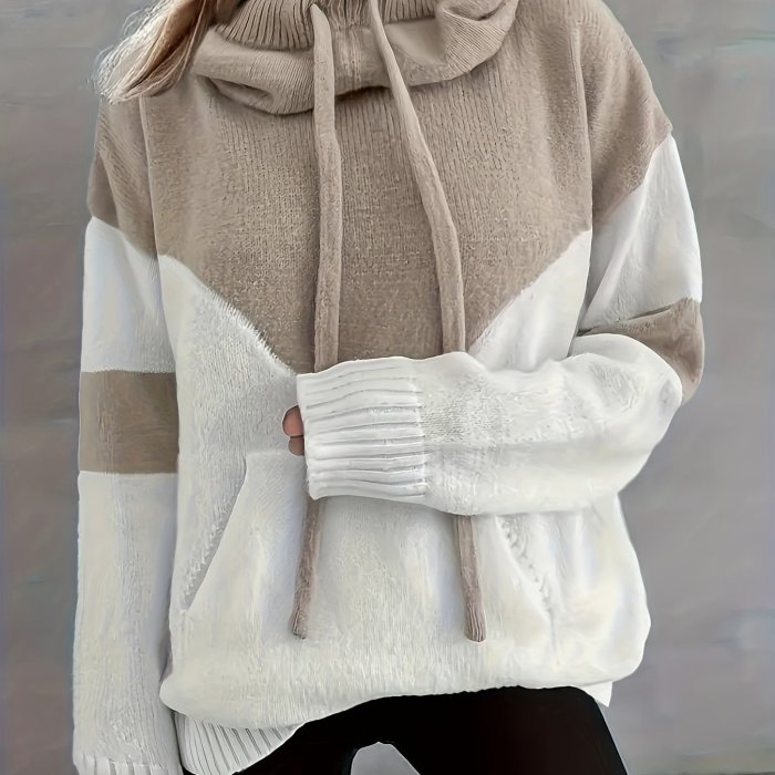 Vibrant Color Block Drawstring Hooded Sweater - Cozy Casual Long Sleeve Kangaroo Pocket Pullover with Soft Fabric, Relaxed Fit, and Versatile Style - Women's Comfortable Clothing for Daily Wear