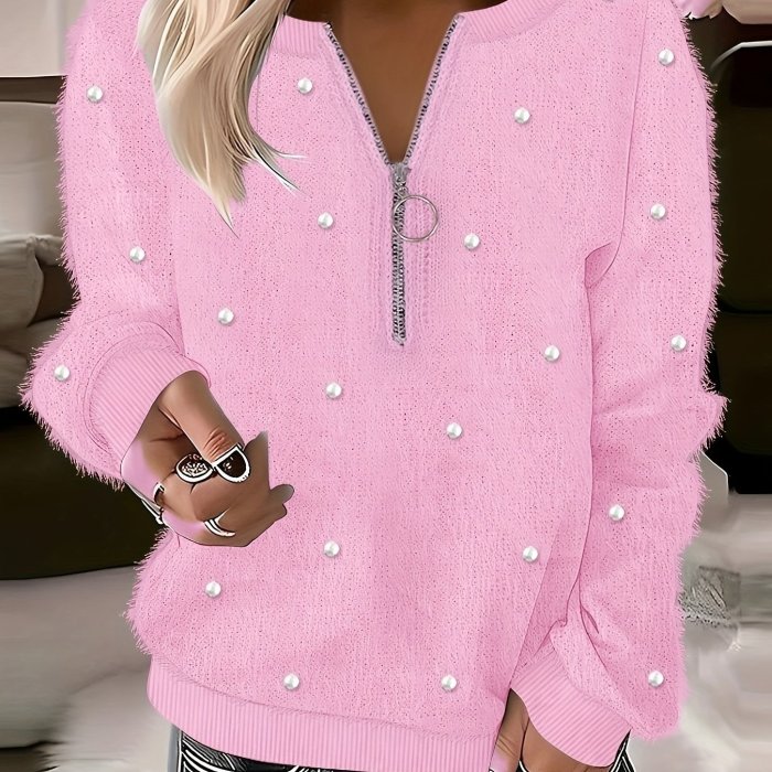 Cozy Fall\u002FWinter Beaded Zip Sweater - Chic, Durable & Comfortably Stretchy, Perfect for Everyday Elegance