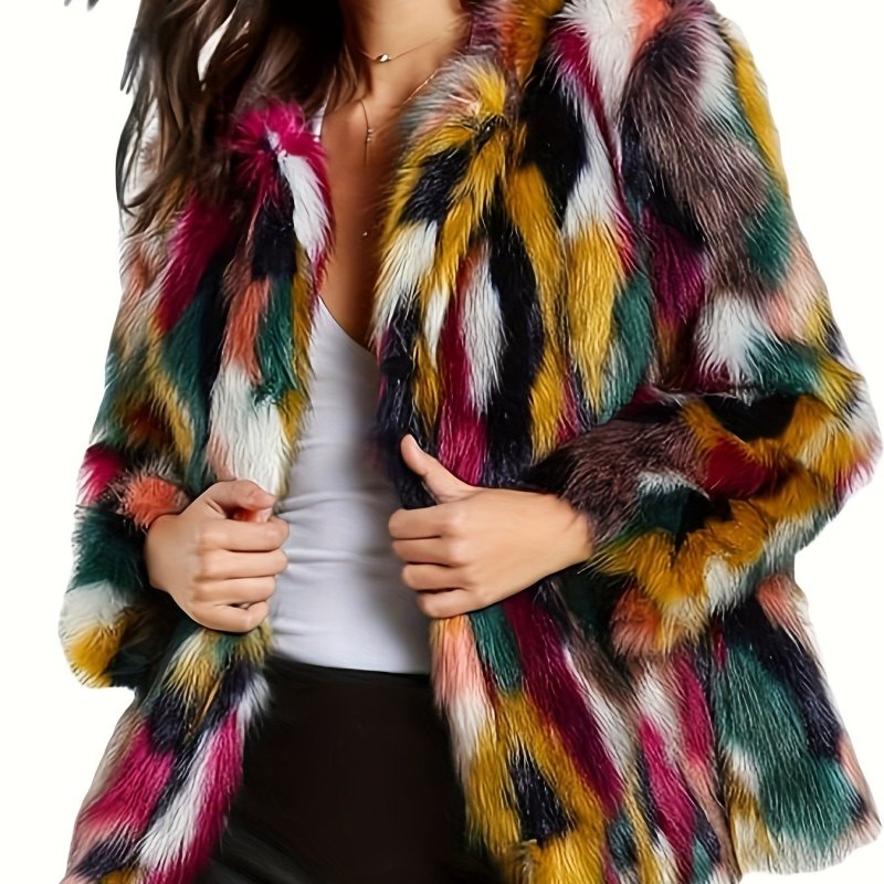 Fur Coats For Women Fuzzy Faux Multicolor Fur Coat Jacket Long Sleeve Open Front Luxury Colorful Furry