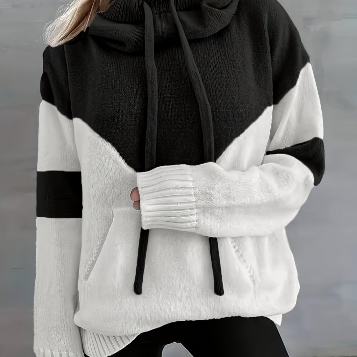 Vibrant Color Block Drawstring Hooded Sweater - Cozy Casual Long Sleeve Kangaroo Pocket Pullover with Soft Fabric, Relaxed Fit, and Versatile Style - Women's Comfortable Clothing for Daily Wear