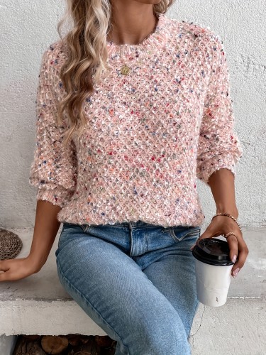 Polka Dot Crew Neck Pullover Sweater - Soft, Medium Stretch, Loose Fit, Long Sleeve, Elegant Style for Women - Perfect for Fall and Winter Casual Wear