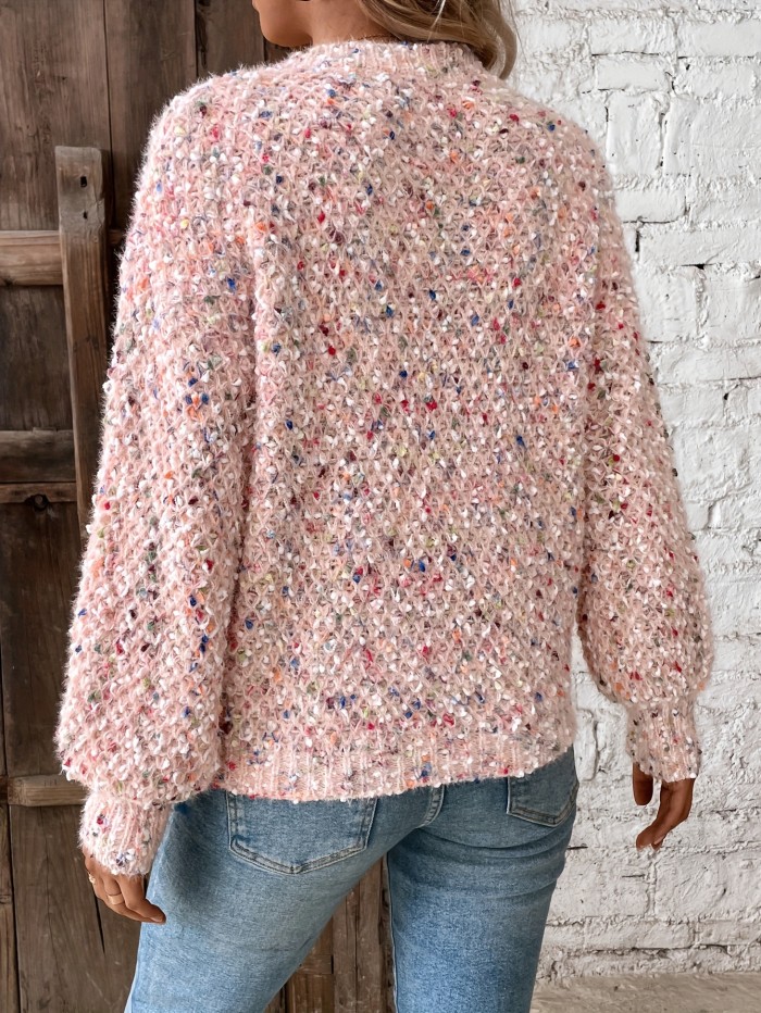 Polka Dot Crew Neck Pullover Sweater - Soft, Medium Stretch, Loose Fit, Long Sleeve, Elegant Style for Women - Perfect for Fall and Winter Casual Wear