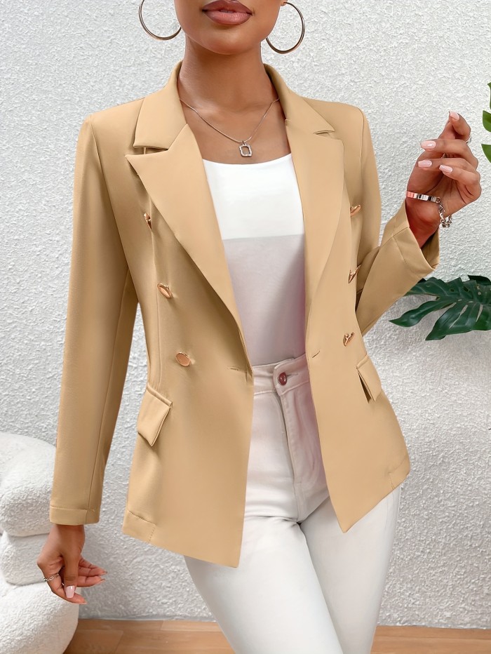 Regular Length Elegant Solid Color Double-Breasted Long Sleeve Blazer - Micro Elastic Polyester Fabric, Unlined, Button Details - Perfect for Spring and Fall, Womens Clothing
