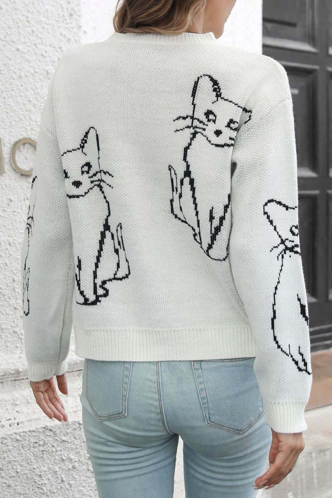 Cat Jacquard Loose Long Sleeve Sweater