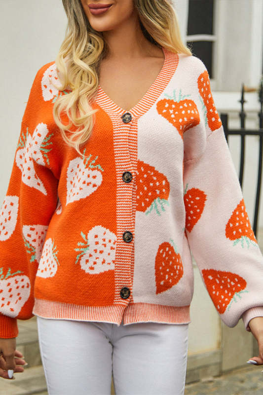 Strawberry Color Block Button Knit Cardigan Sweater