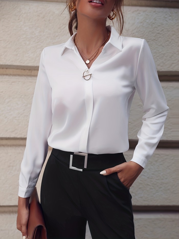 Chic Lapel Top - Sleek Womens Slim-Fit Shirt with Long Sleeves - Perfect for Spring\u002FFall Wear