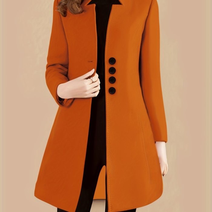 Womens Chic Solid Single Breasted Coat - Long Sleeve, Timeless Style, Versatile Wardrobe Staple - Perfect for All Seasons, Everyday Wear