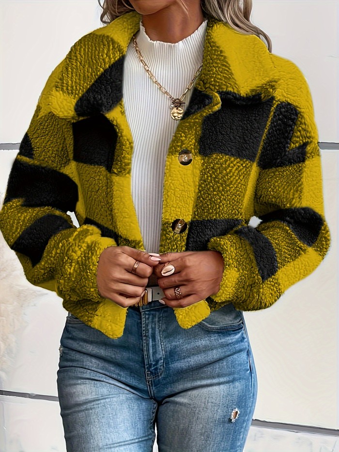 Cozy Plaid Teddy Coat - Soft Button-up Long Sleeve - Winter Chic Outerwear for Women