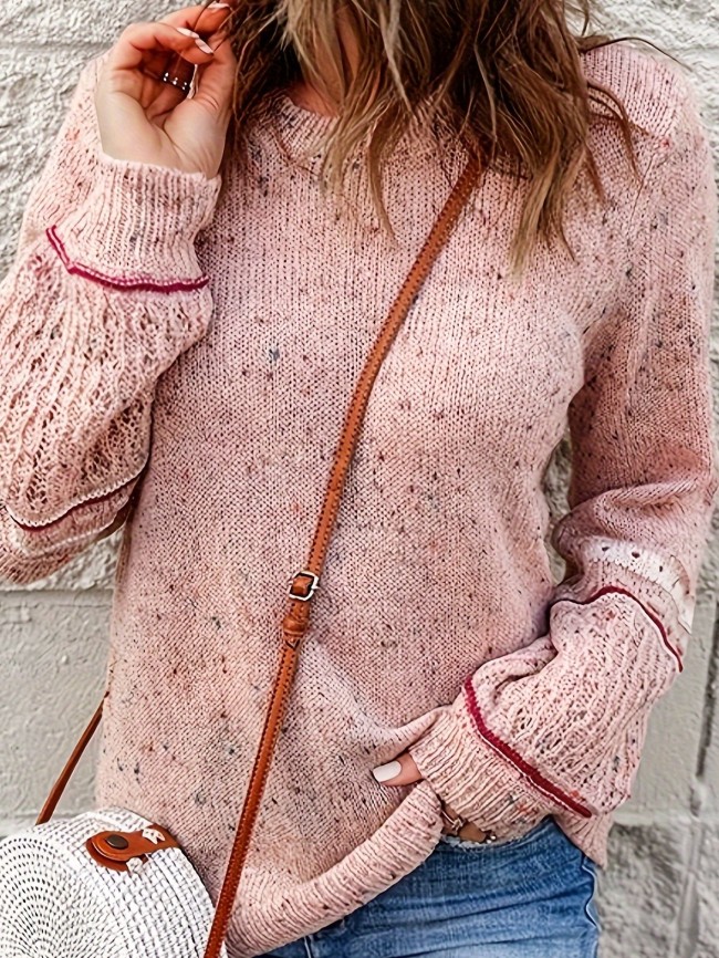 Cozy Boho Crew Neck Pullover Sweater - Soft Knit, Long Sleeve, Drop Shoulder - Relaxed Fit Womens Winter Wear for Casual Chic