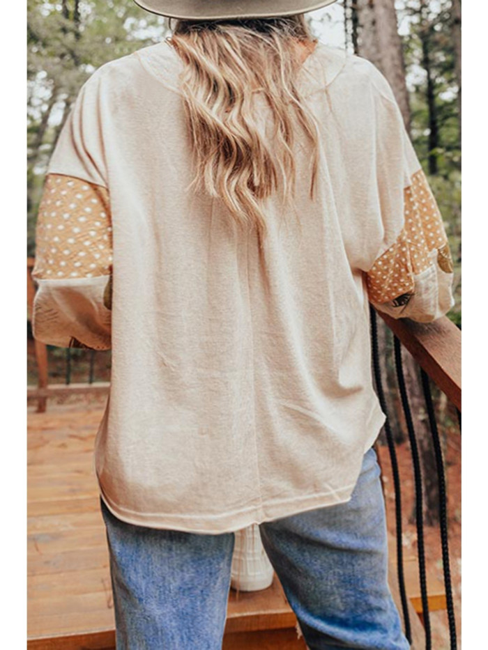Palm Leaves Polka Dot Puff Sleeve Patchwork V Neck Loose Blouse