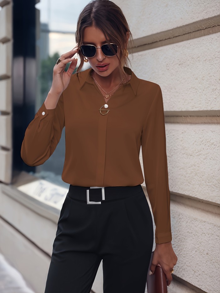 Chic Lapel Top - Sleek Womens Slim-Fit Shirt with Long Sleeves - Perfect for Spring\u002FFall Wear