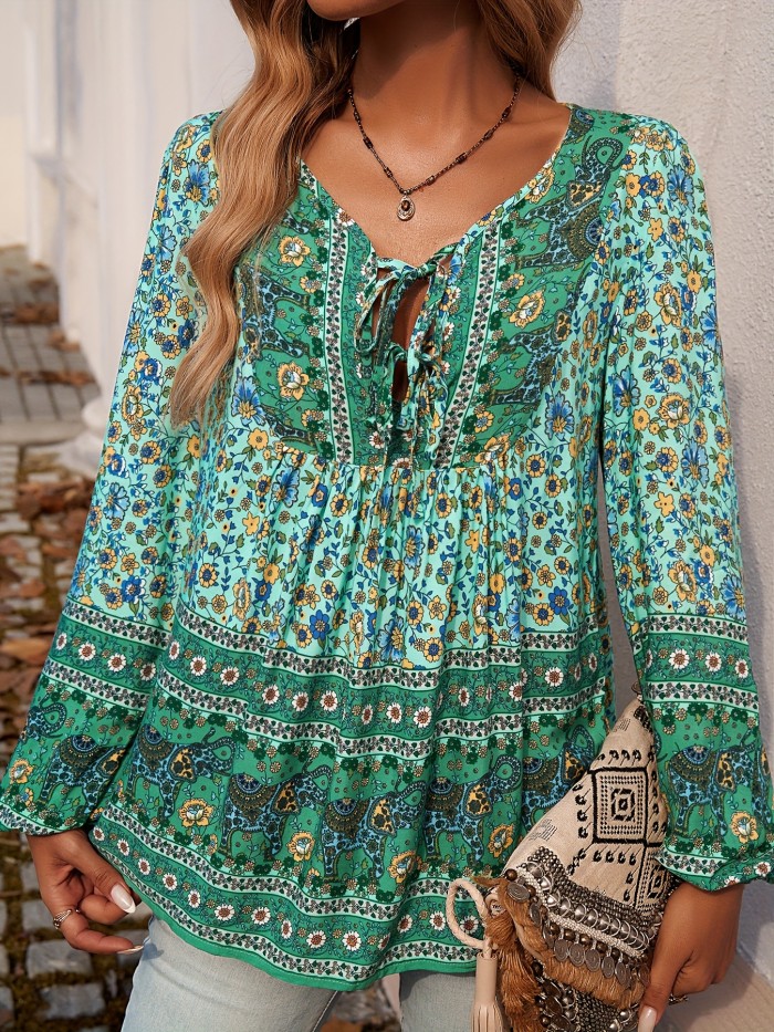 Vibrant Floral Print V Neck Casual Blouse - Soft Viscose Fabric, Long Sleeve, Machine Washable, Spring & Fall Essential - Womens Stylish Clothing for Adults