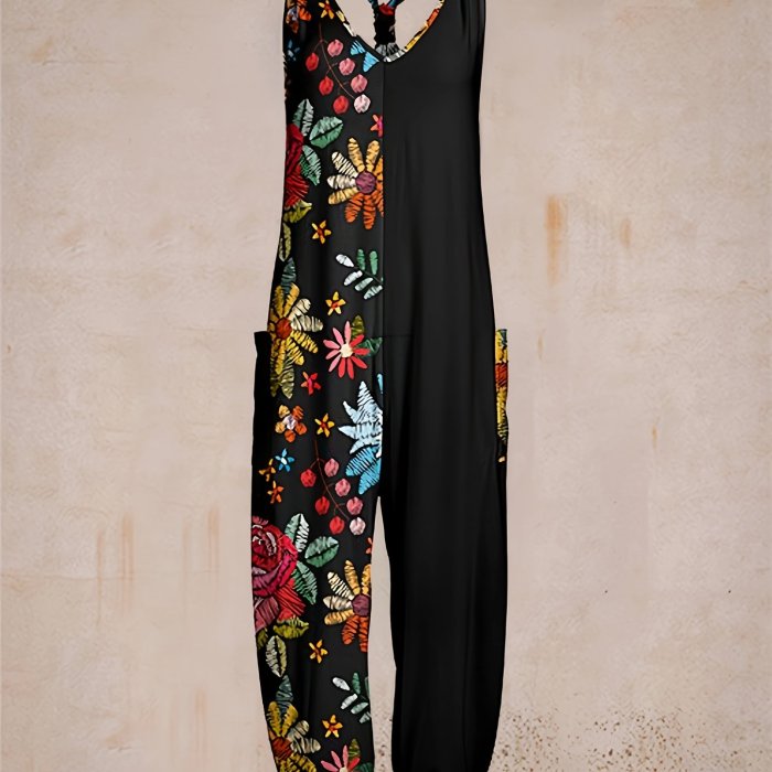 Chic Floral Print Jumpsuit - Stylish V Neck, Sleeveless & Pockets - Effortless Casual Wear for Women