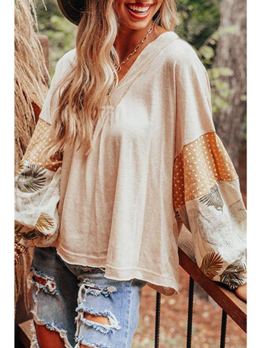 Palm Leaves Polka Dot Puff Sleeve Patchwork V Neck Loose Blouse