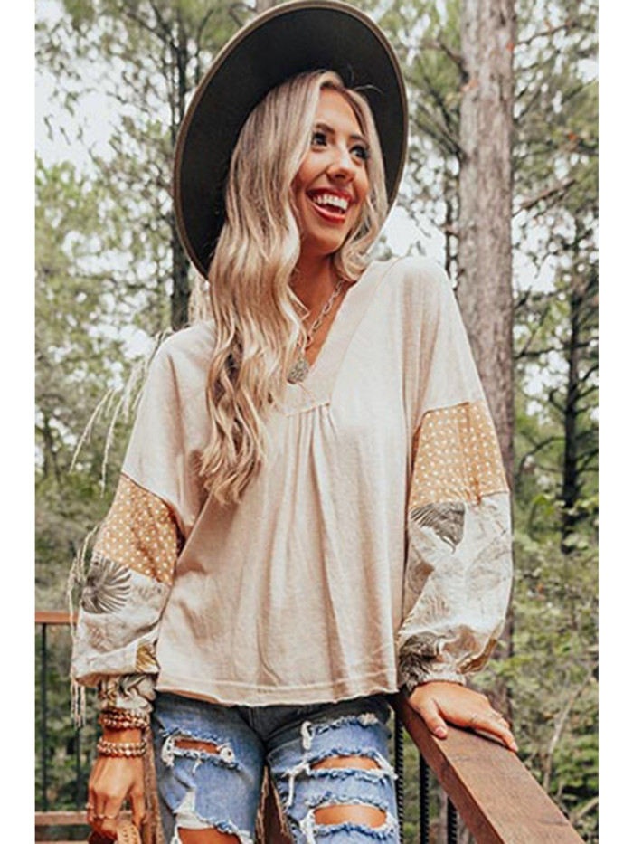 Palm Leaves Polka Dot Puff Sleeve Patchwork V Neck Loose Blouse