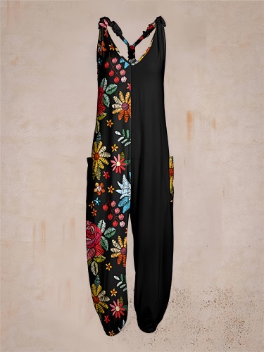 Chic Floral Print Jumpsuit - Stylish V Neck, Sleeveless & Pockets - Effortless Casual Wear for Women