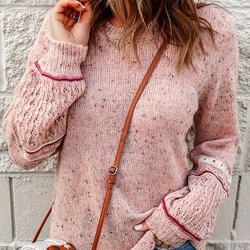 Cozy Boho Crew Neck Pullover Sweater - Soft Knit, Long Sleeve, Drop Shoulder - Relaxed Fit Womens Winter Wear for Casual Chic