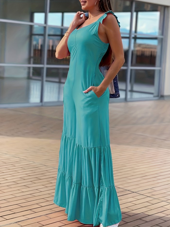 Solid Color Wide Leg Ruffle Trim Vest Jumpsuit - Sleeveless, Casual, Polyester, No Elasticity - Perfect for Summer, Womens Clothing