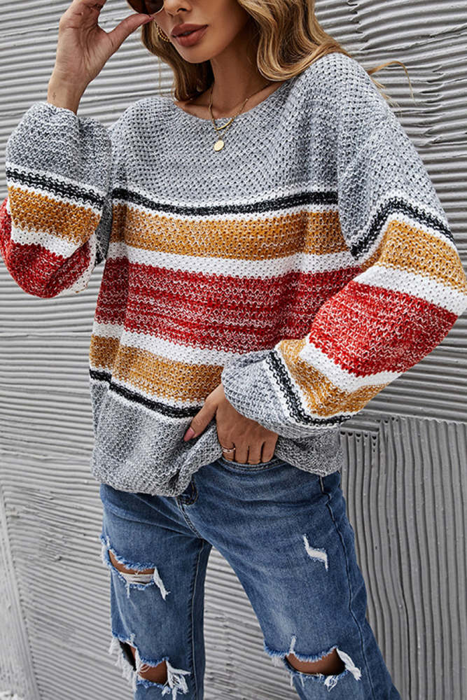 Off Shoulder Multicolor Stripes Lantern Sleeve Sweater