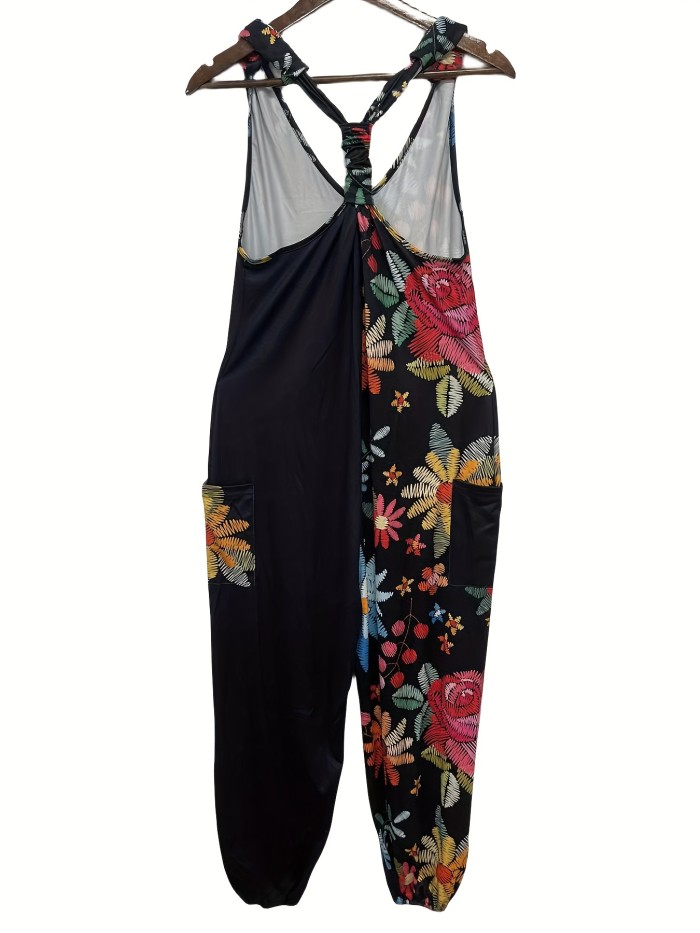 Chic Floral Print Jumpsuit - Stylish V Neck, Sleeveless & Pockets - Effortless Casual Wear for Women
