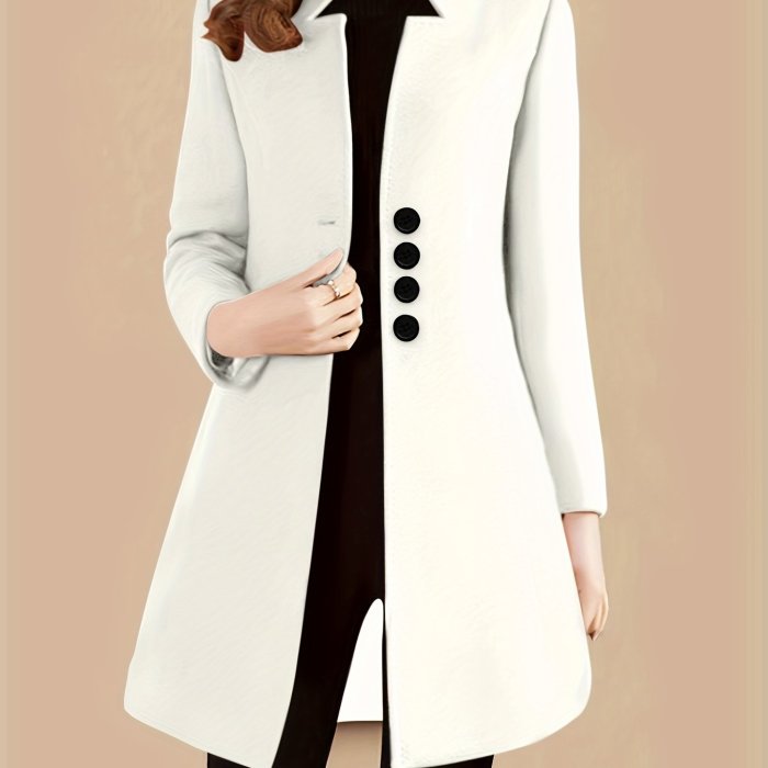 Womens Chic Solid Single Breasted Coat - Long Sleeve, Timeless Style, Versatile Wardrobe Staple - Perfect for All Seasons, Everyday Wear
