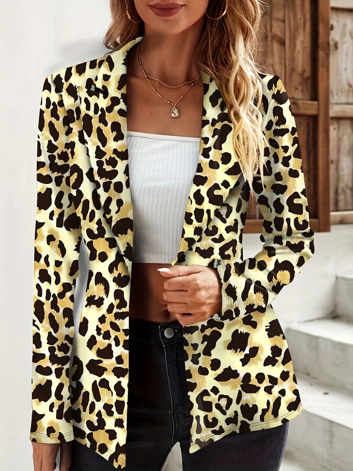 NADÈGE | Women's open-front blazer with leopard print lining