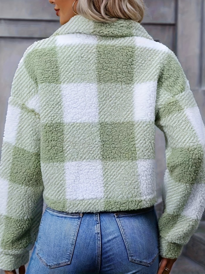 Cozy Plaid Teddy Coat - Soft Button-up Long Sleeve - Winter Chic Outerwear for Women