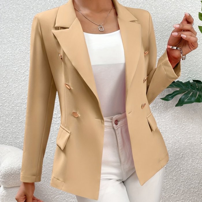 Regular Length Elegant Solid Color Double-Breasted Long Sleeve Blazer - Micro Elastic Polyester Fabric, Unlined, Button Details - Perfect for Spring and Fall, Womens Clothing