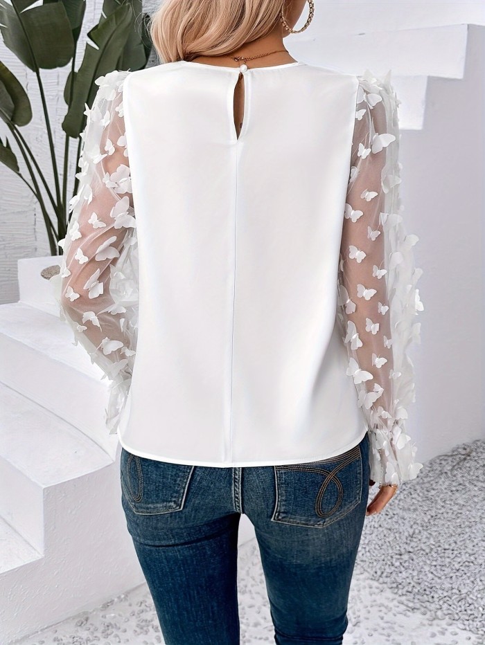 Women's Tom Directed Butterfly Embroidery Ruffle Long Sleeve Shirt, Polyester, Solid Color, Round Neck, Spring\u002FSummer\u002FAutumn, Lace Patchwork, Adult Fashion Top, Woven Fabric