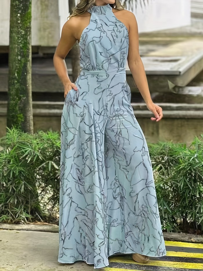 Flattering Halter Jumpsuit with Stylish Print - Adjustable Tie Waist & Wide Leg - Comfortable Sleeveless Womens Summer Closet Essential