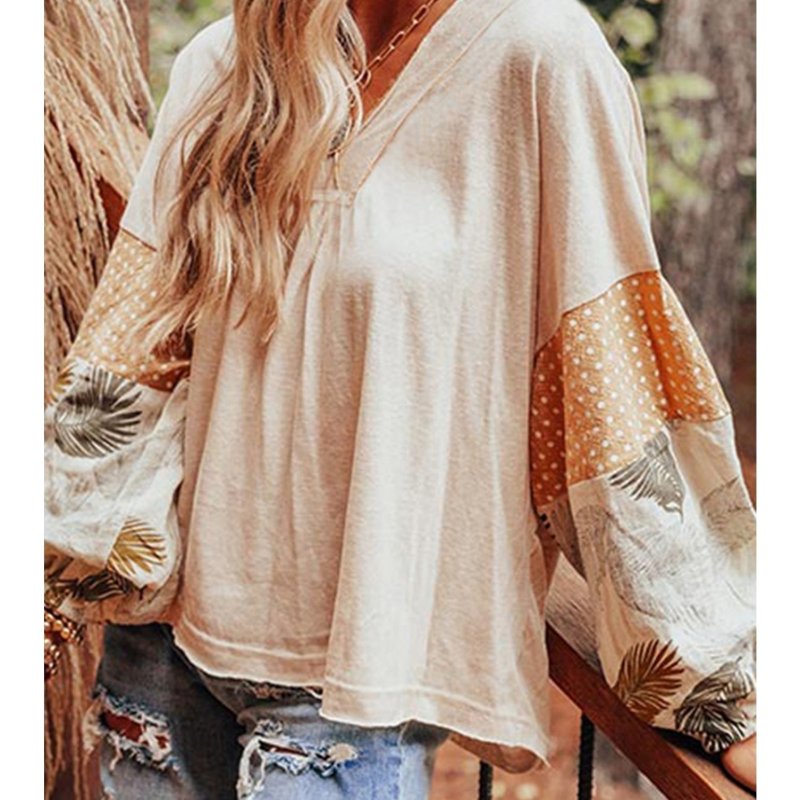 Palm Leaves Polka Dot Puff Sleeve Patchwork V Neck Loose Blouse