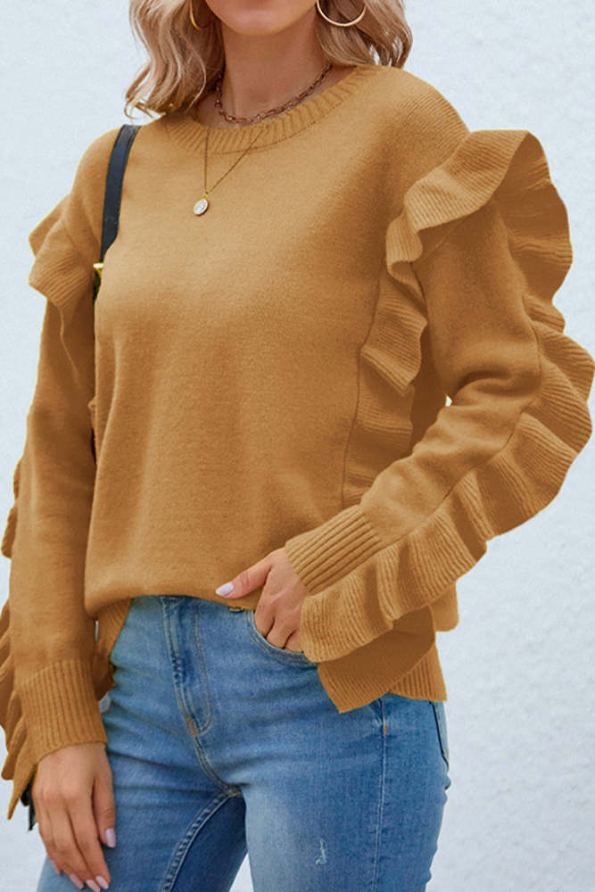 Petal Sleeve Solid Round Neck Pullover Sweater