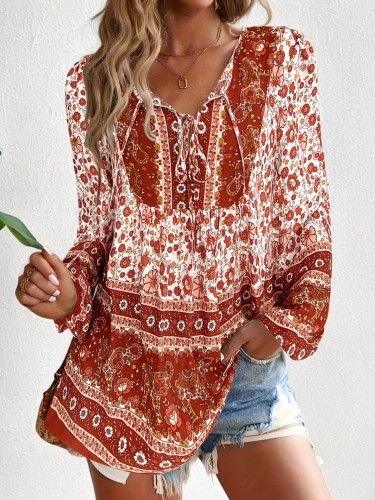 Vibrant Floral Print V Neck Casual Blouse - Soft Viscose Fabric, Long Sleeve, Machine Washable, Spring & Fall Essential - Womens Stylish Clothing for Adults