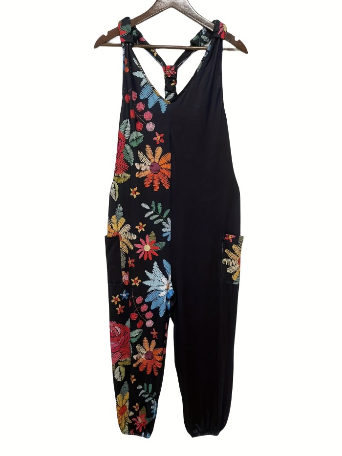 Chic Floral Print Jumpsuit - Stylish V Neck, Sleeveless & Pockets - Effortless Casual Wear for Women