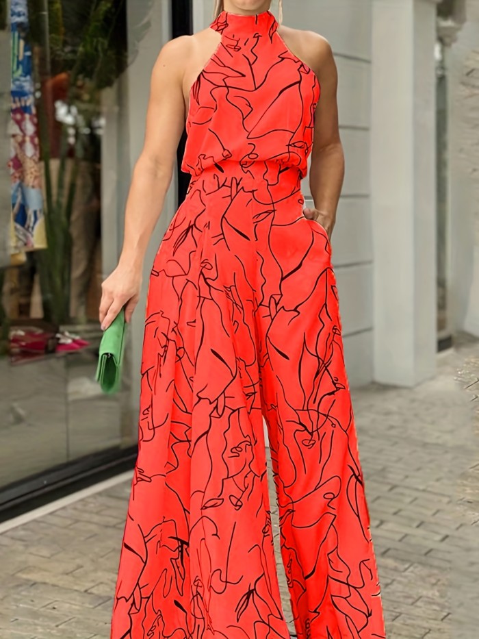 Flattering Halter Jumpsuit with Stylish Print - Adjustable Tie Waist & Wide Leg - Comfortable Sleeveless Womens Summer Closet Essential