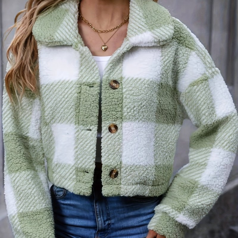 Cozy Plaid Teddy Coat - Soft Button-up Long Sleeve - Winter Chic Outerwear for Women