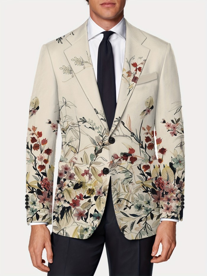Men's Chinese Style Flowers Print Blazer Jacket, Regular Fit, Button Closure, Suit Lapel, All-Season Wear